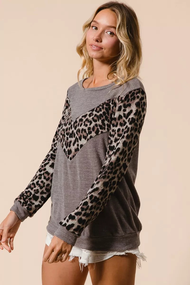 Leopard Color Block Sweater Knit Top in Mocha view 8