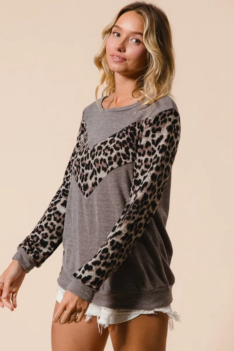 BiBi Sweater Knit Top With Leopard V Shape Block - Fashorio