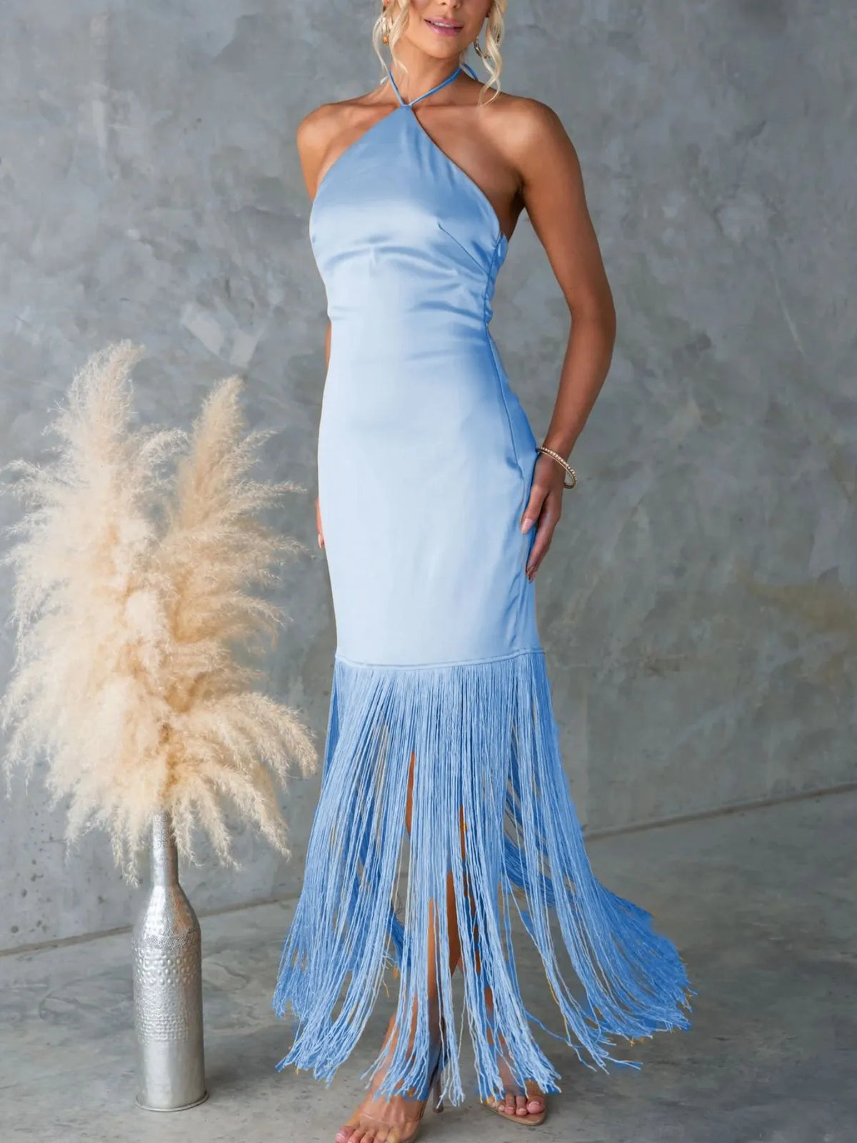 Fringe halter neck backless dress back view