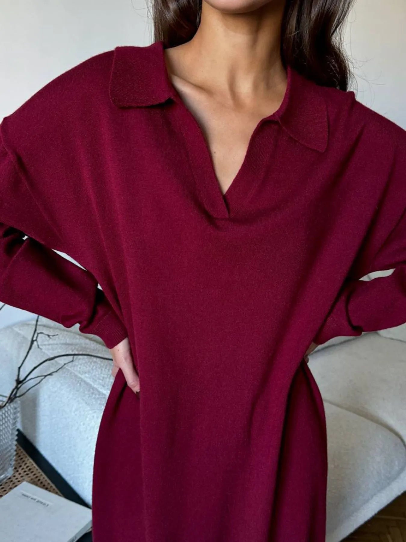 Long Sleeve Collared Neck Knit Dress - Fashorio
