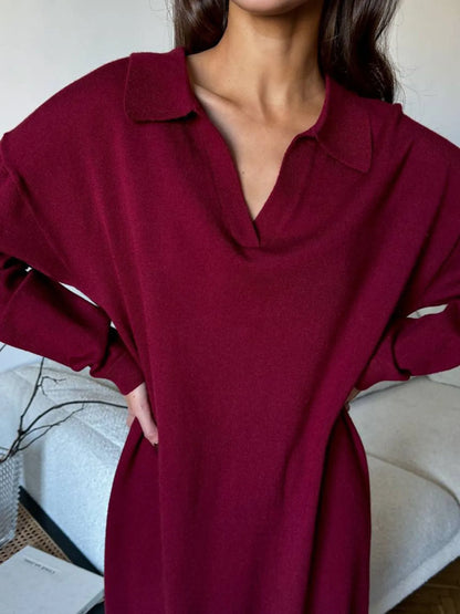 Long Sleeve Collared Neck Knit Dress - Fashorio