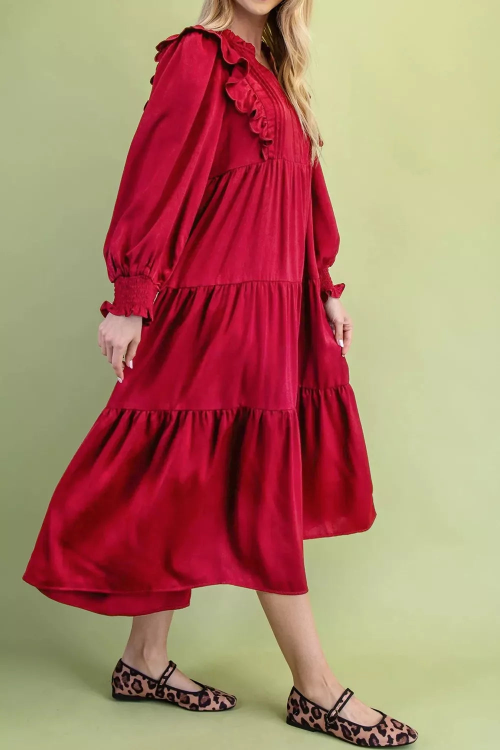 Back view of burgundy ruffle trim midi dress