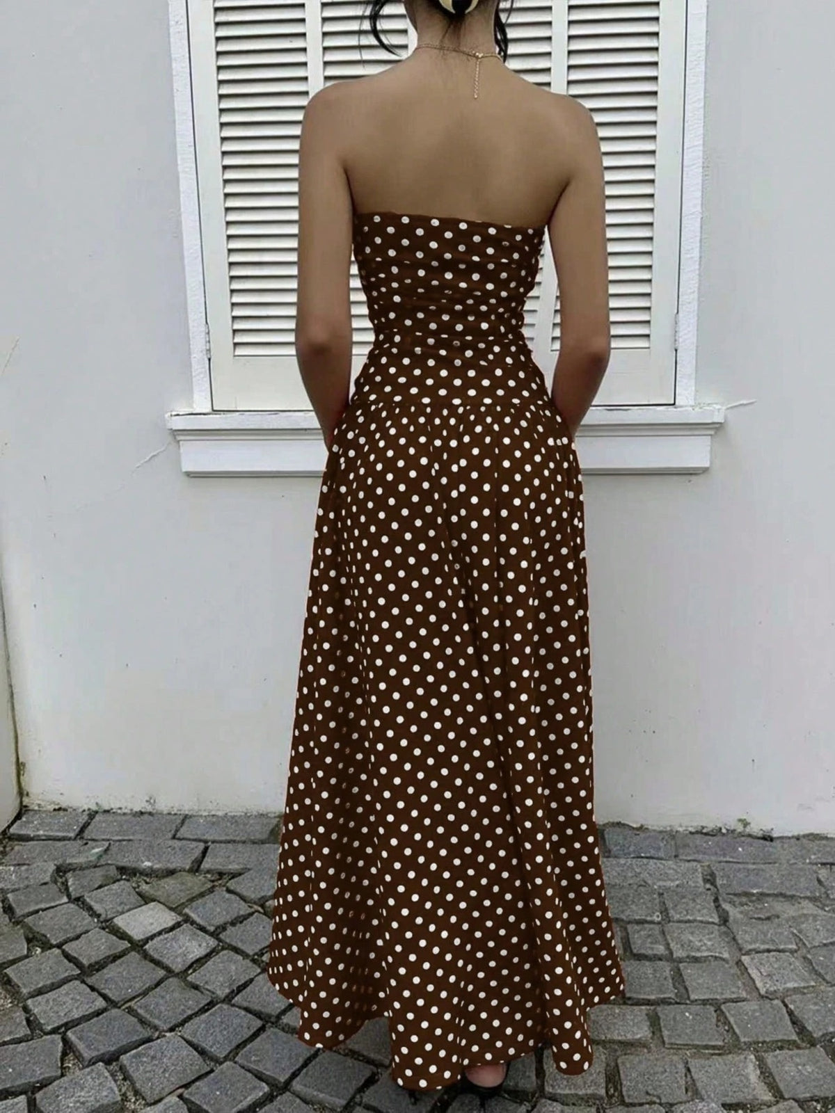 Polka dot strapless maxi dress fabric detail