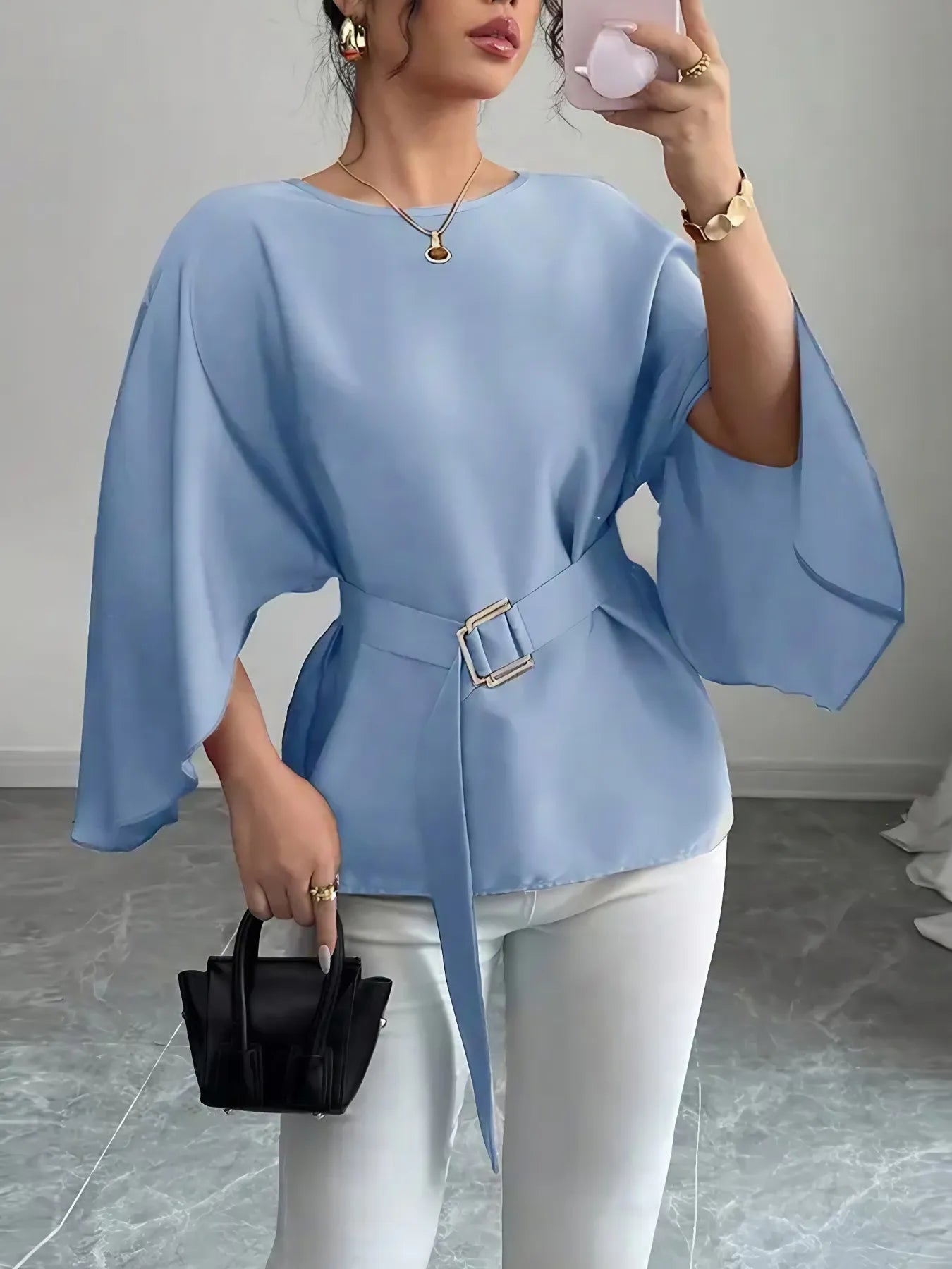Belted Round Neck Flutter Sleeves Blouse - Fashorio