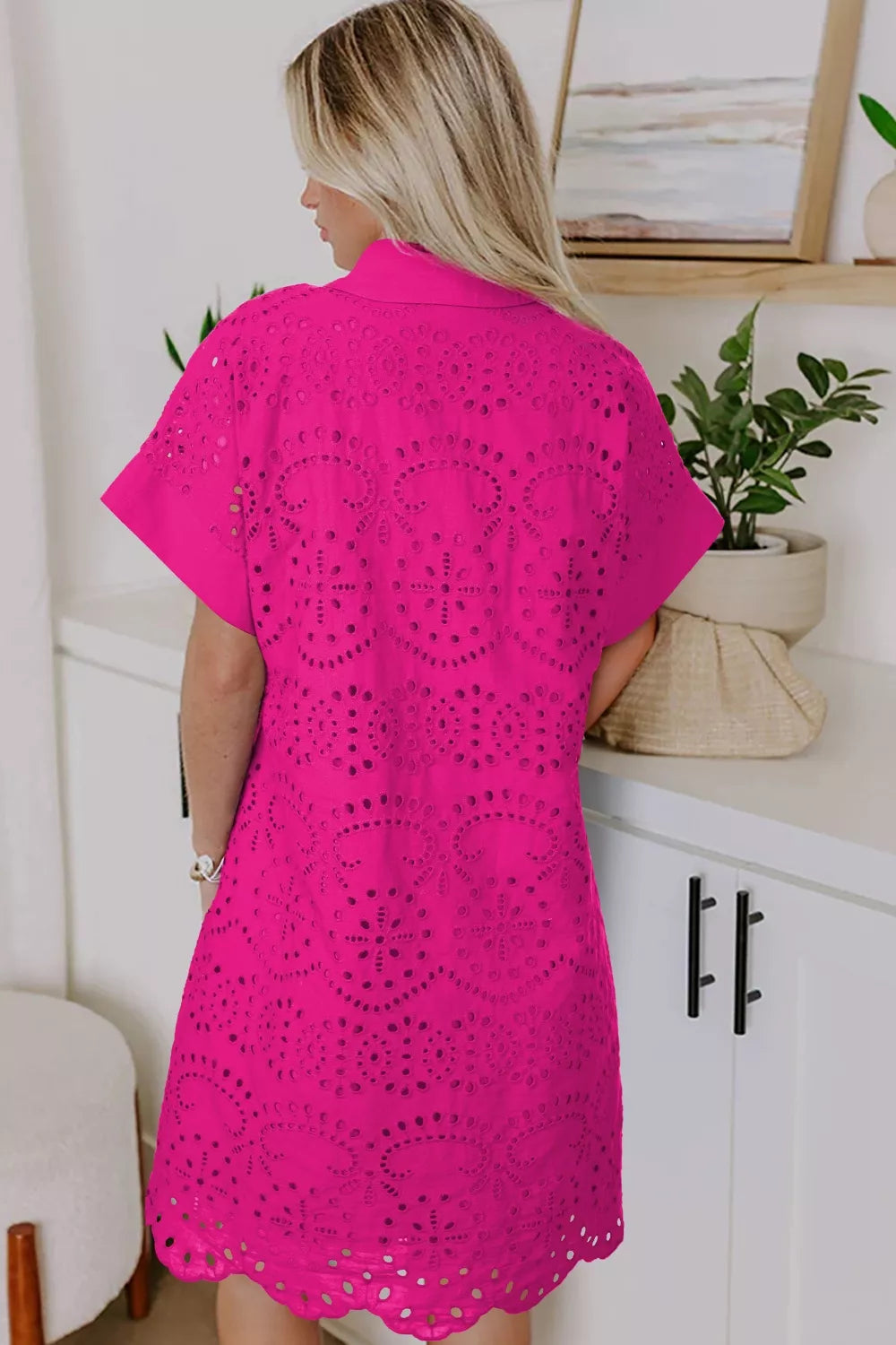 Hot pink eyelet short sleeve mini dress styled view