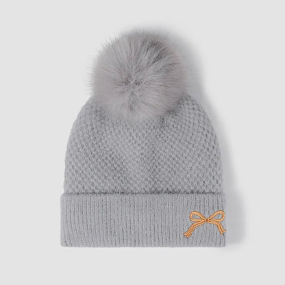 Thermal Bow Knit Hat with Pompom Gray One Size - Fashorio