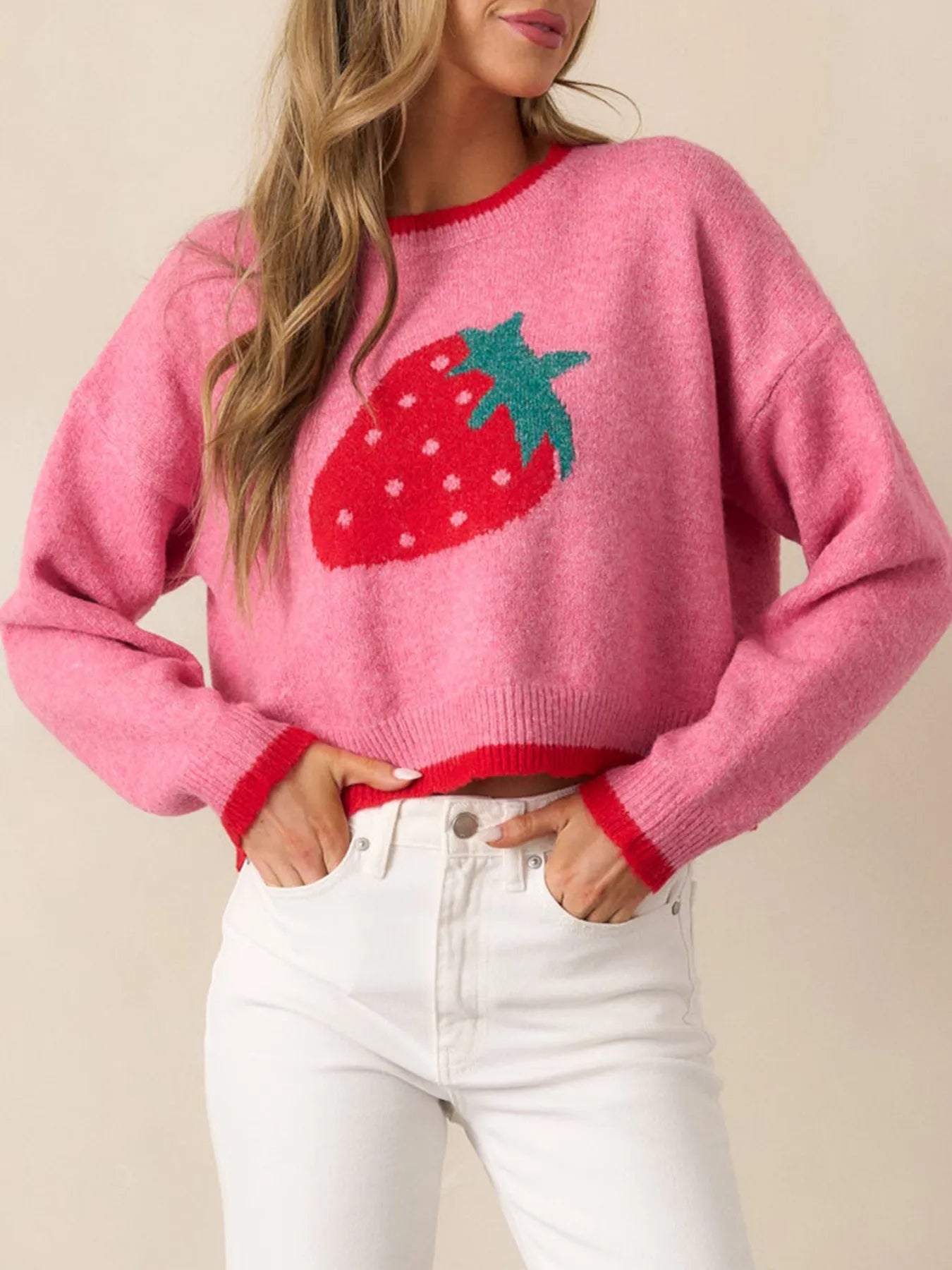 Strawberry Round Neck Long Sleeve Sweater - Fashorio