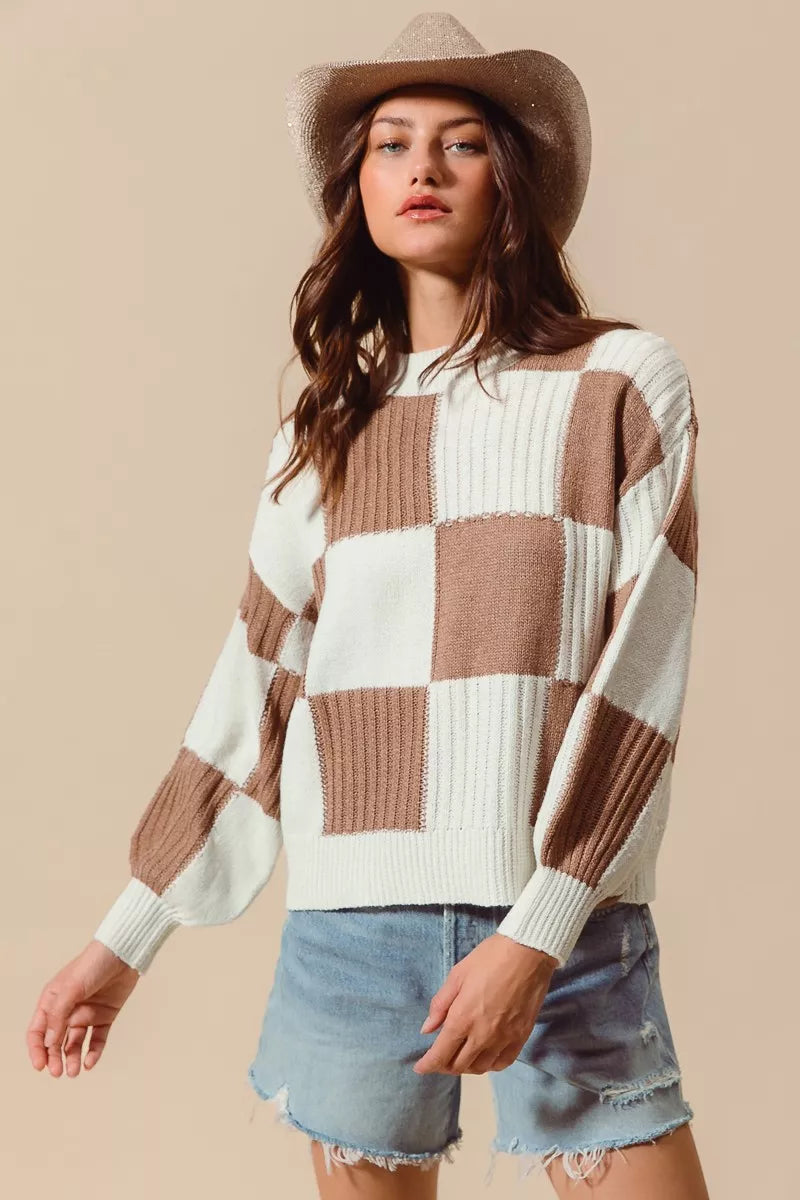 Ribbed Checkered Plaid Color Block Sweater in Coffee and Ivory view 7