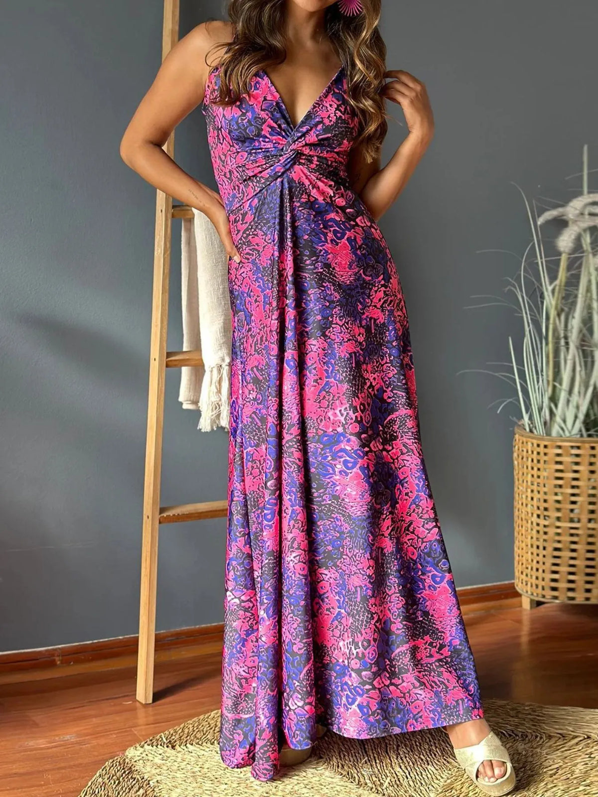 Tropical print v neck maxi dress, back view