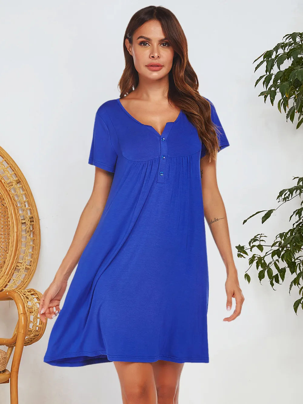 Notched Short Sleeve Mini Lounge Dress Royal Blue - Fashorio