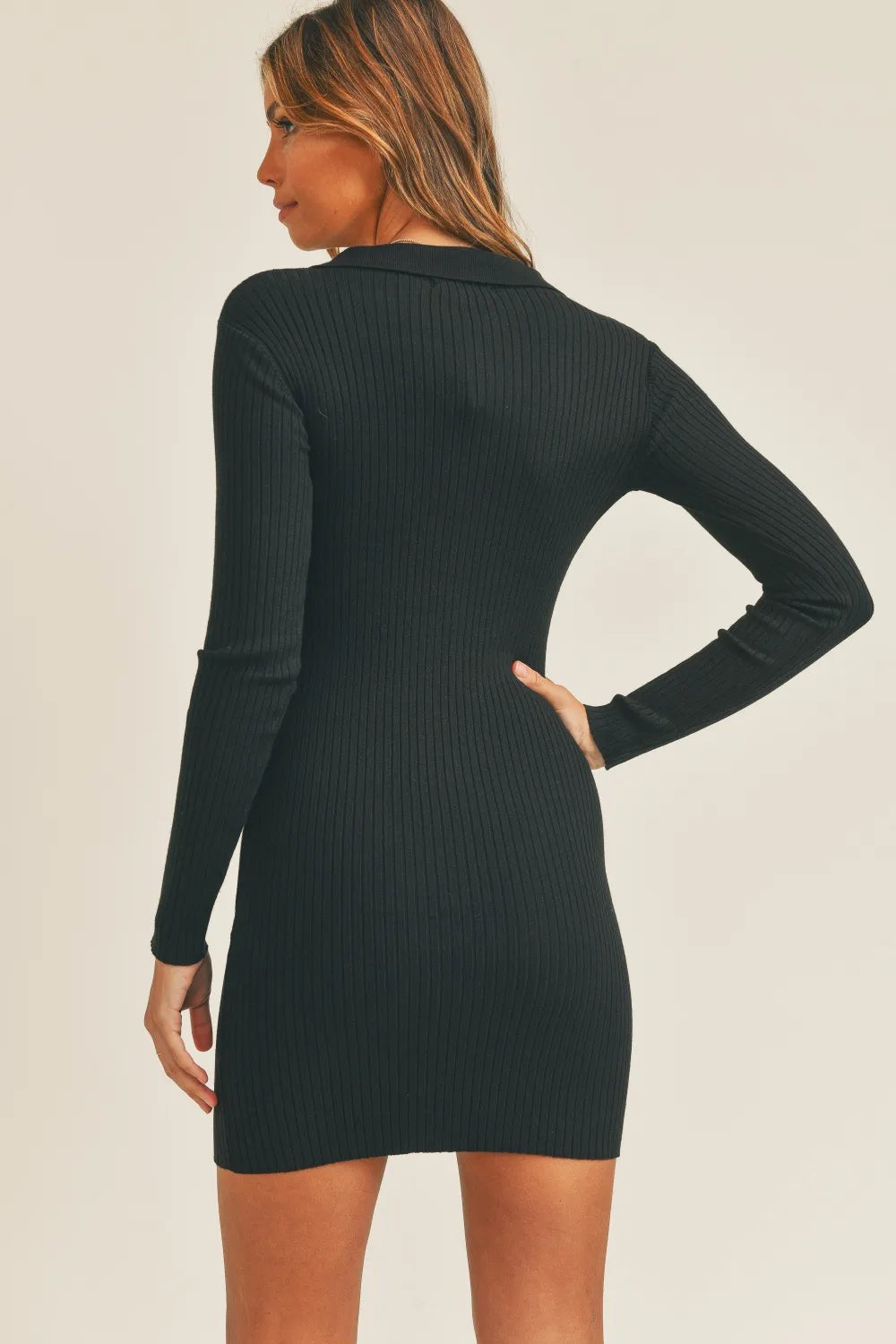 Ribbed Button Up Shirt Mini Dress in Black back view