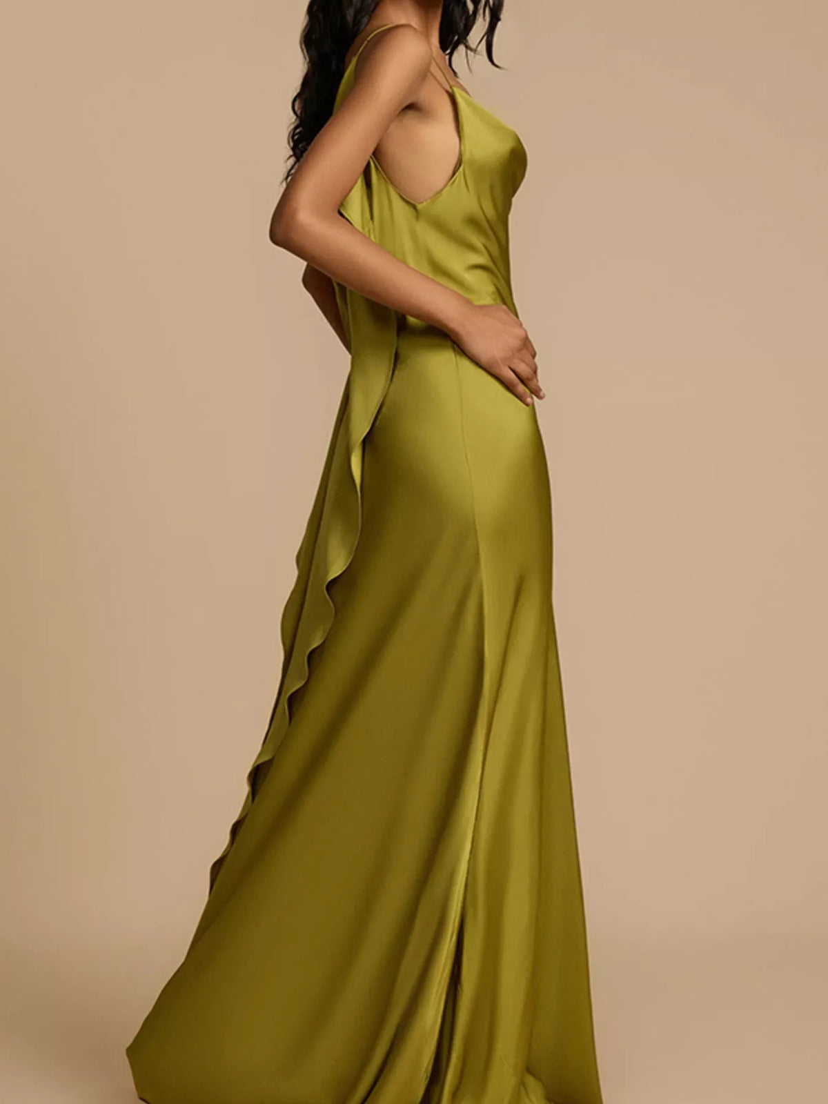 Matcha satin cowl neck slit maxi dress back view