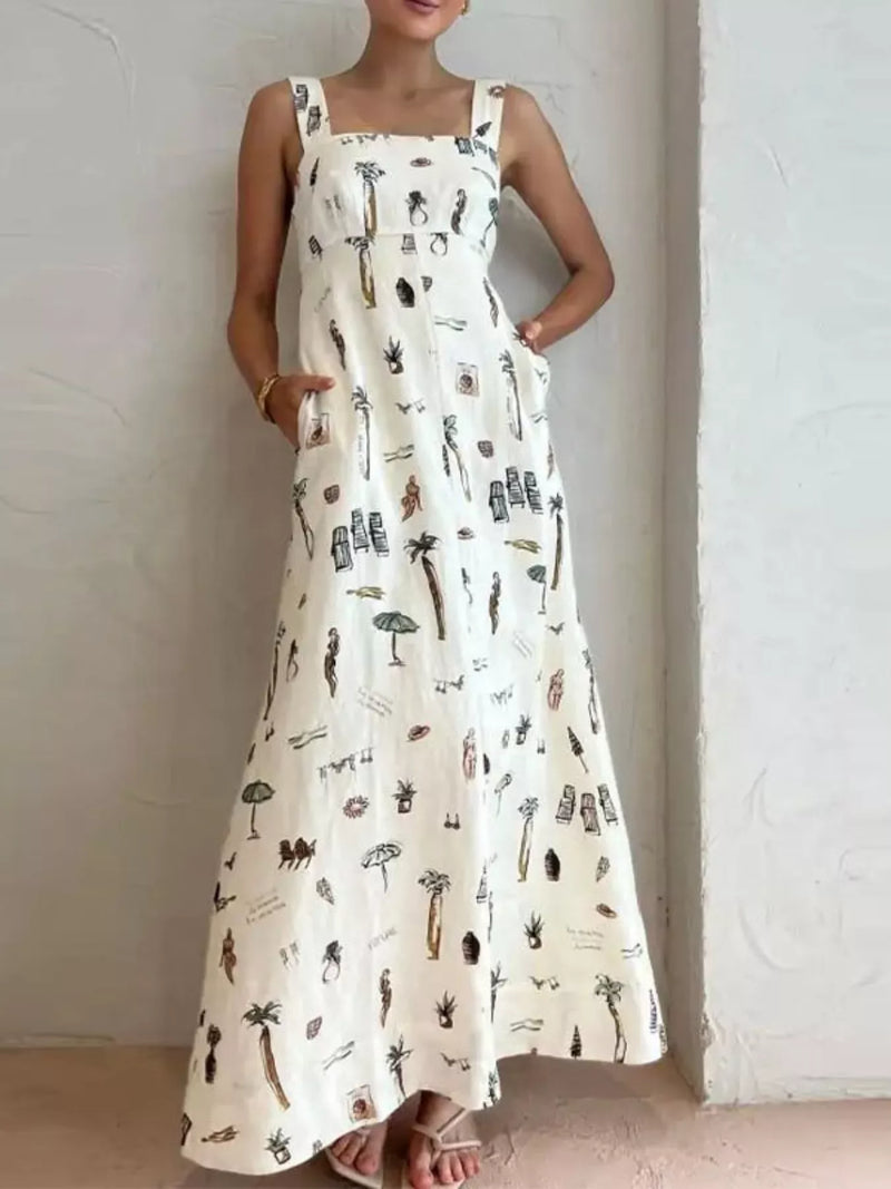 Printed sleeveless maxi dress with pockets front view