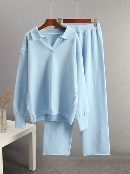 Johnny Collar Long Sleeve Top and Pants Sweater Set - Fashorio