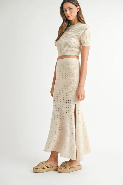 MABLE Pointelle Short Sleeve Crop Top and Slit Skirt Sweater Set - Fashorio