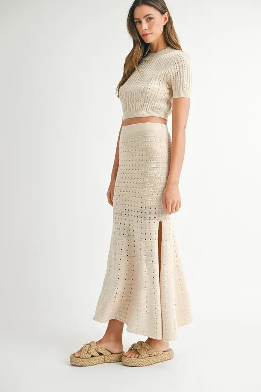MABLE Pointelle Short Sleeve Crop Top and Slit Skirt Sweater Set - Fashorio