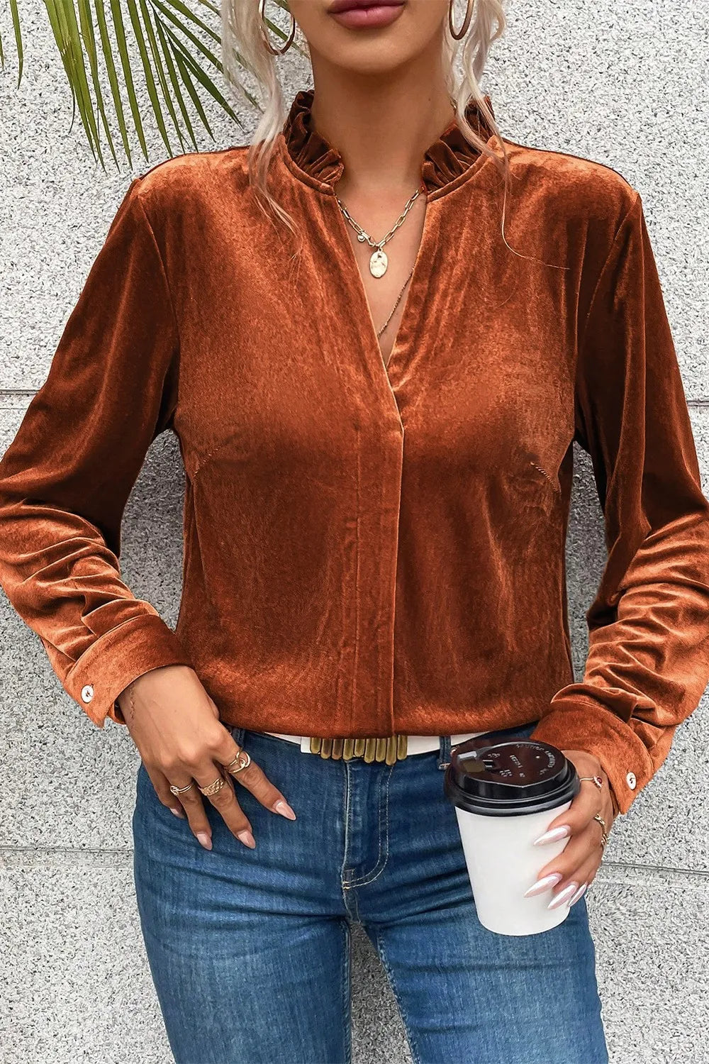 Notched Frill Detail Long Sleeve Blouse - Fashorio