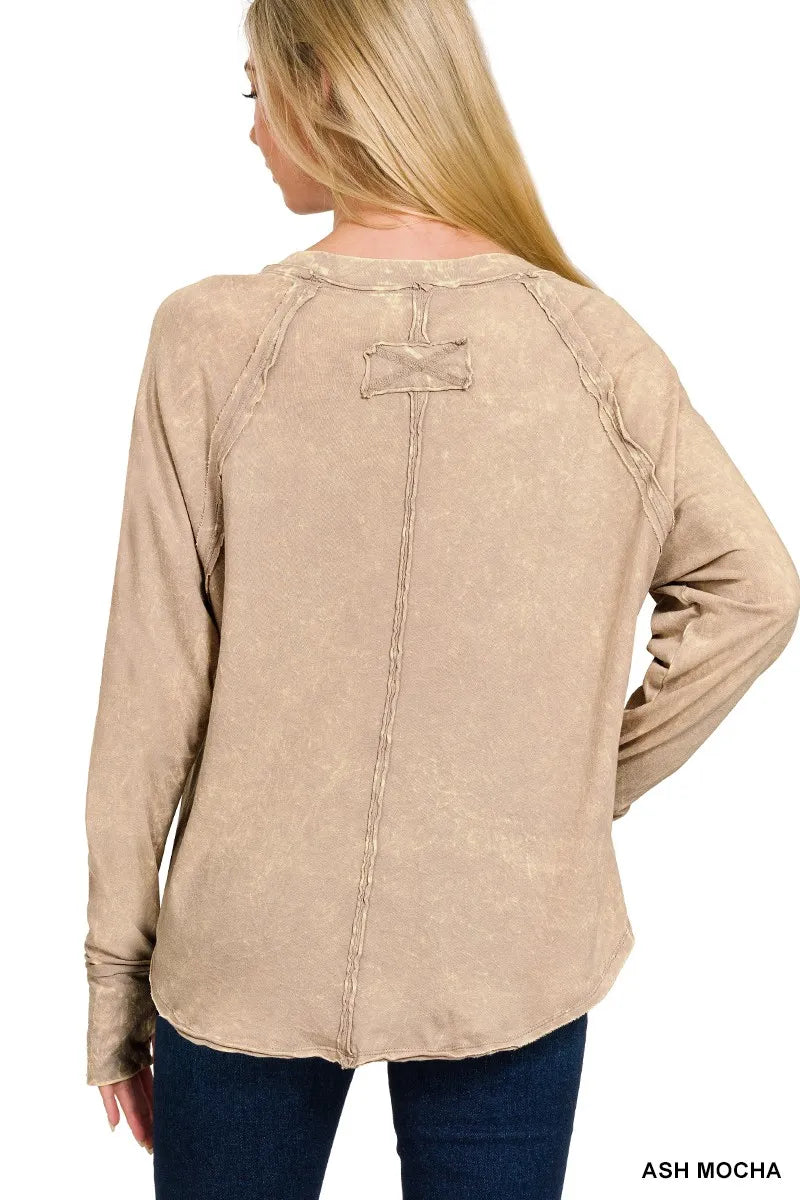 Zenana Crinkle Washed Thumb Hole Cuffs Long Sleeve Top - Fashorio