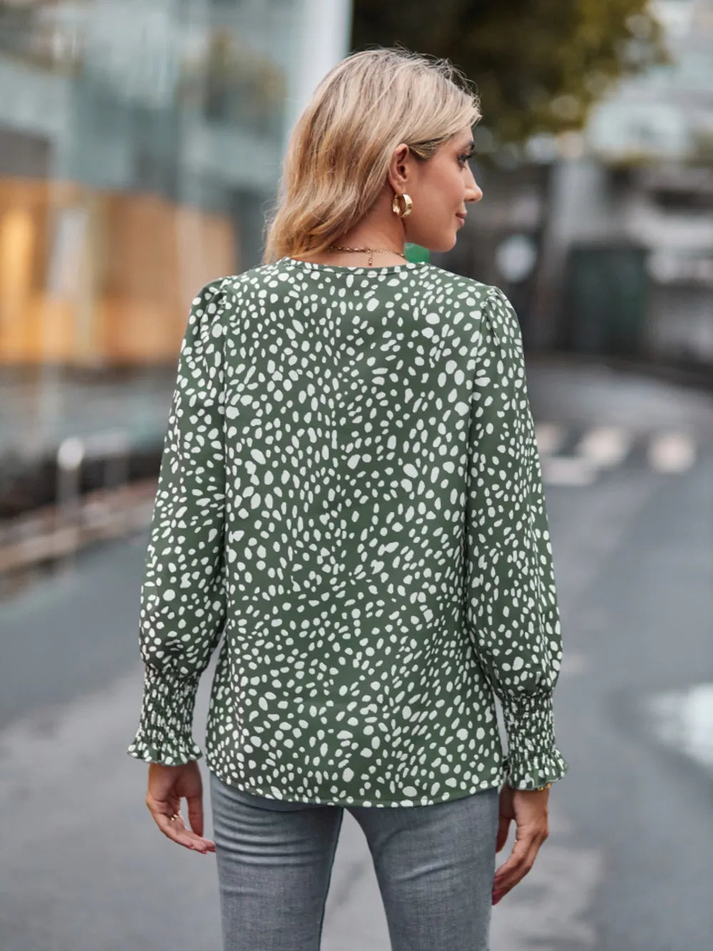 Printed V-Neck Lantern Sleeve Blouse - Fashorio