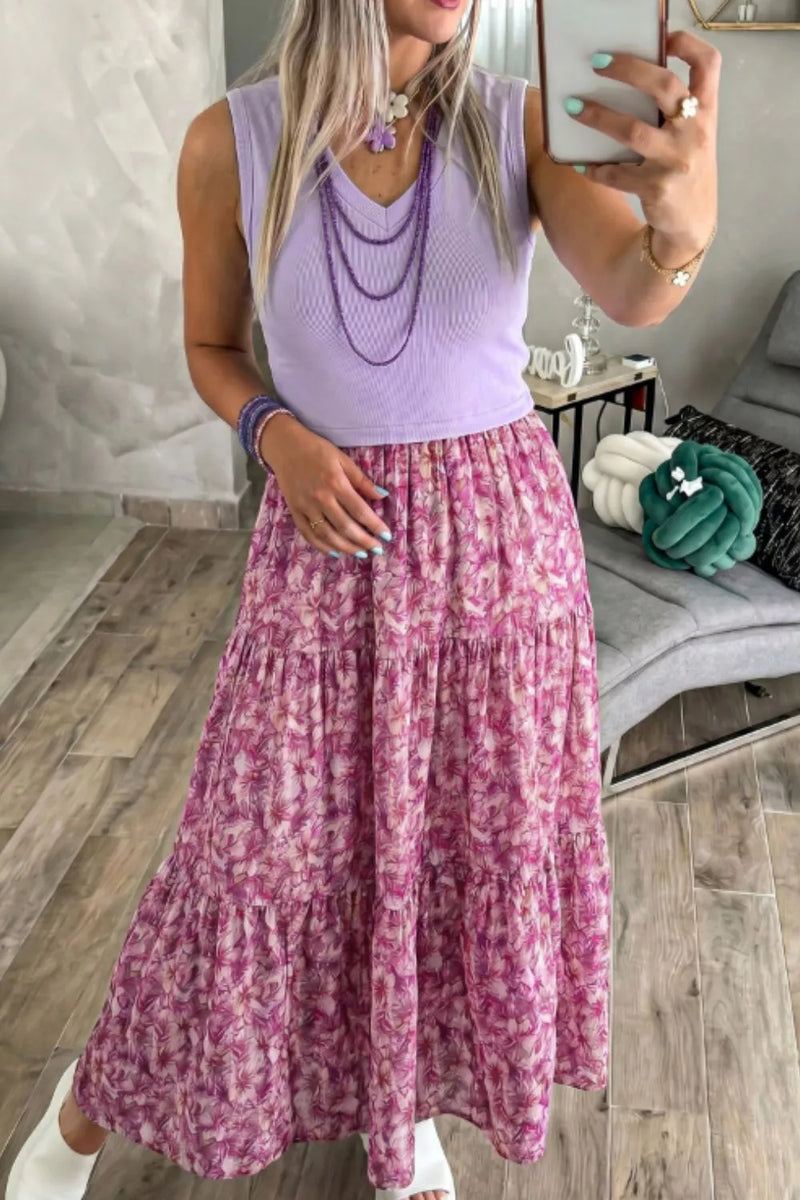 lilac ribbed v neck floral patchwork dress front view