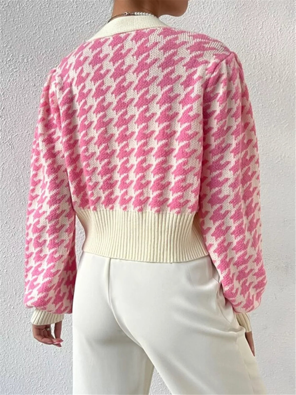 houndstooth v neck button up cardigan full length view