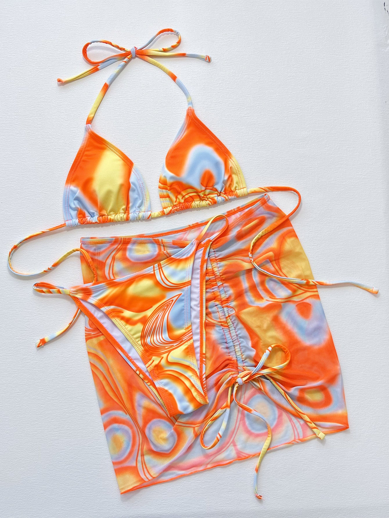 Multicolored Drawstring Ruched Swim Set - Three-Piece Fit - Fashorio