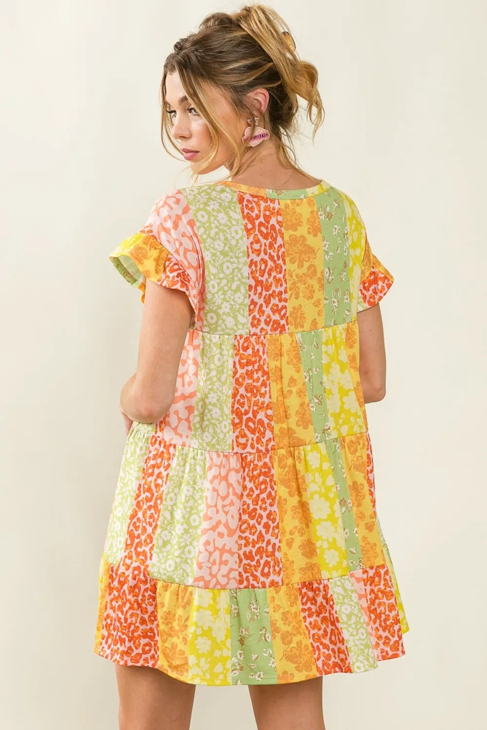 Leopard Print Tiered Dress in Orange back view