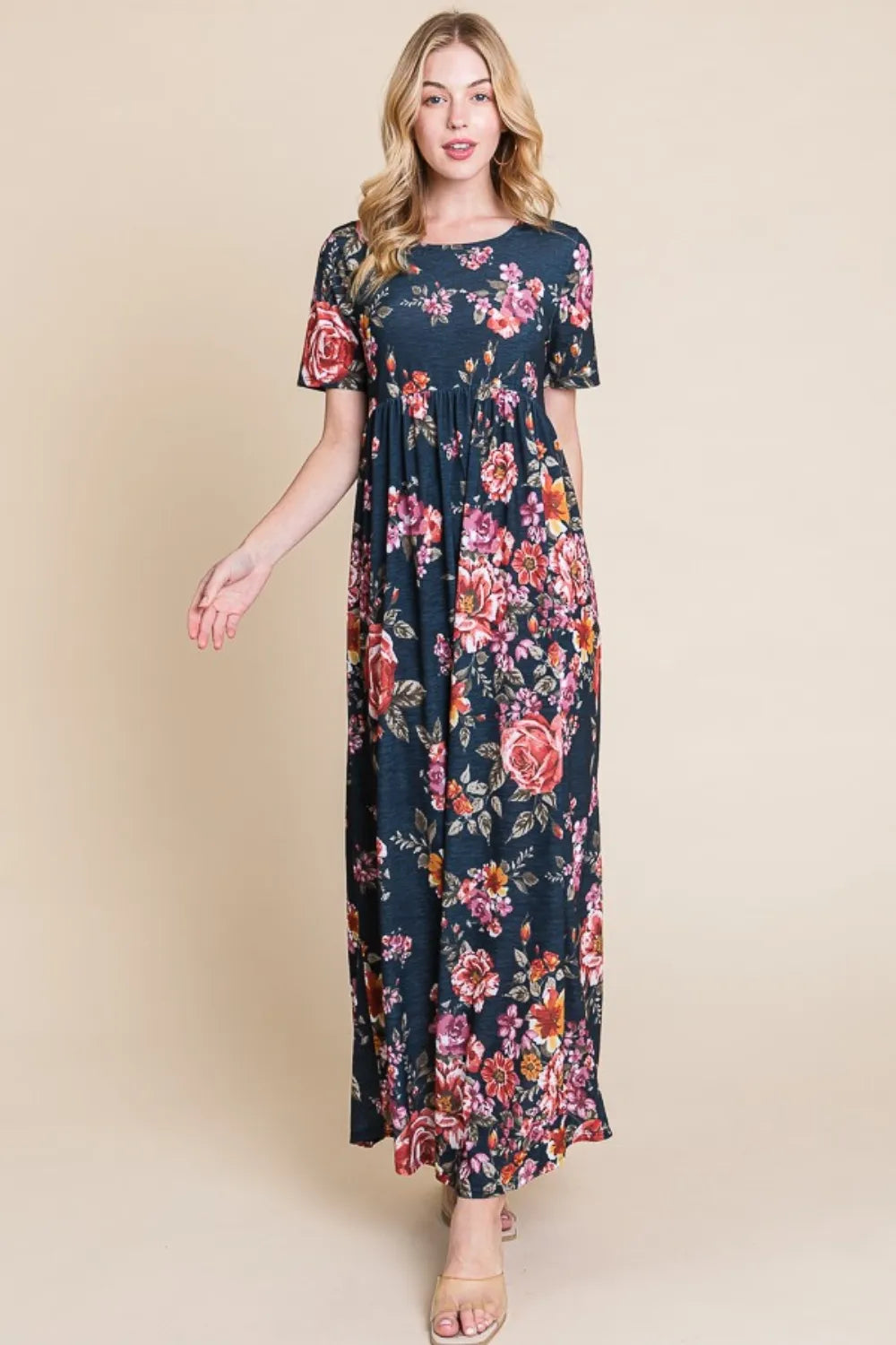 floral short sleeve maxi dress front view
