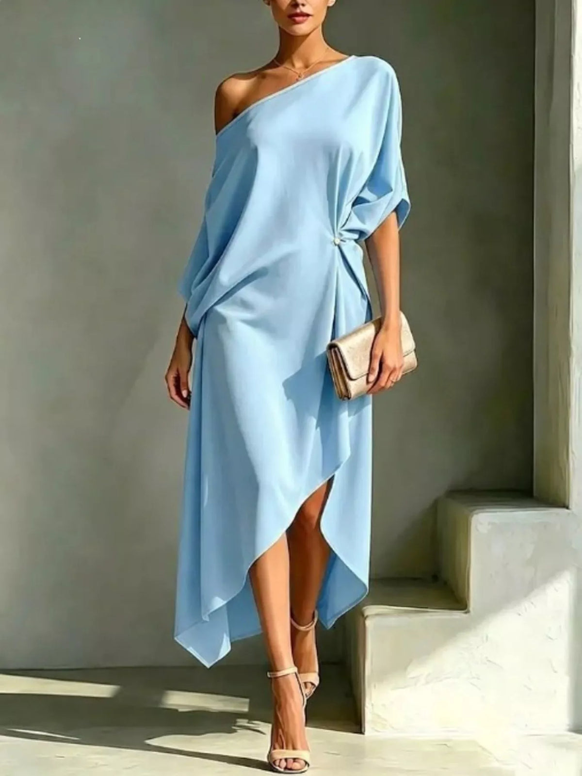 One shoulder drape dress sky blue color