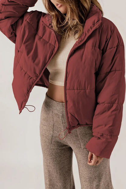 Zip Up Collared Neck Long Sleeve Winter Coat - Fashorio