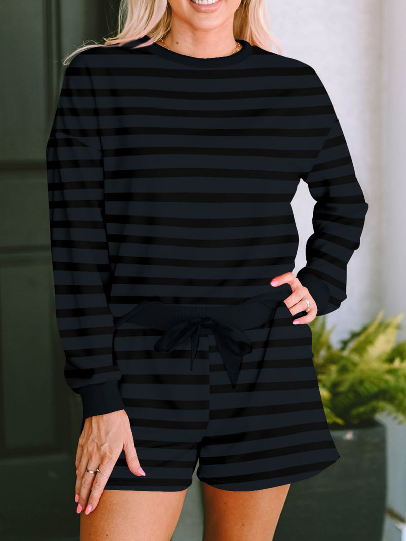 Dark gray long sleeve top and shorts two piece set front view