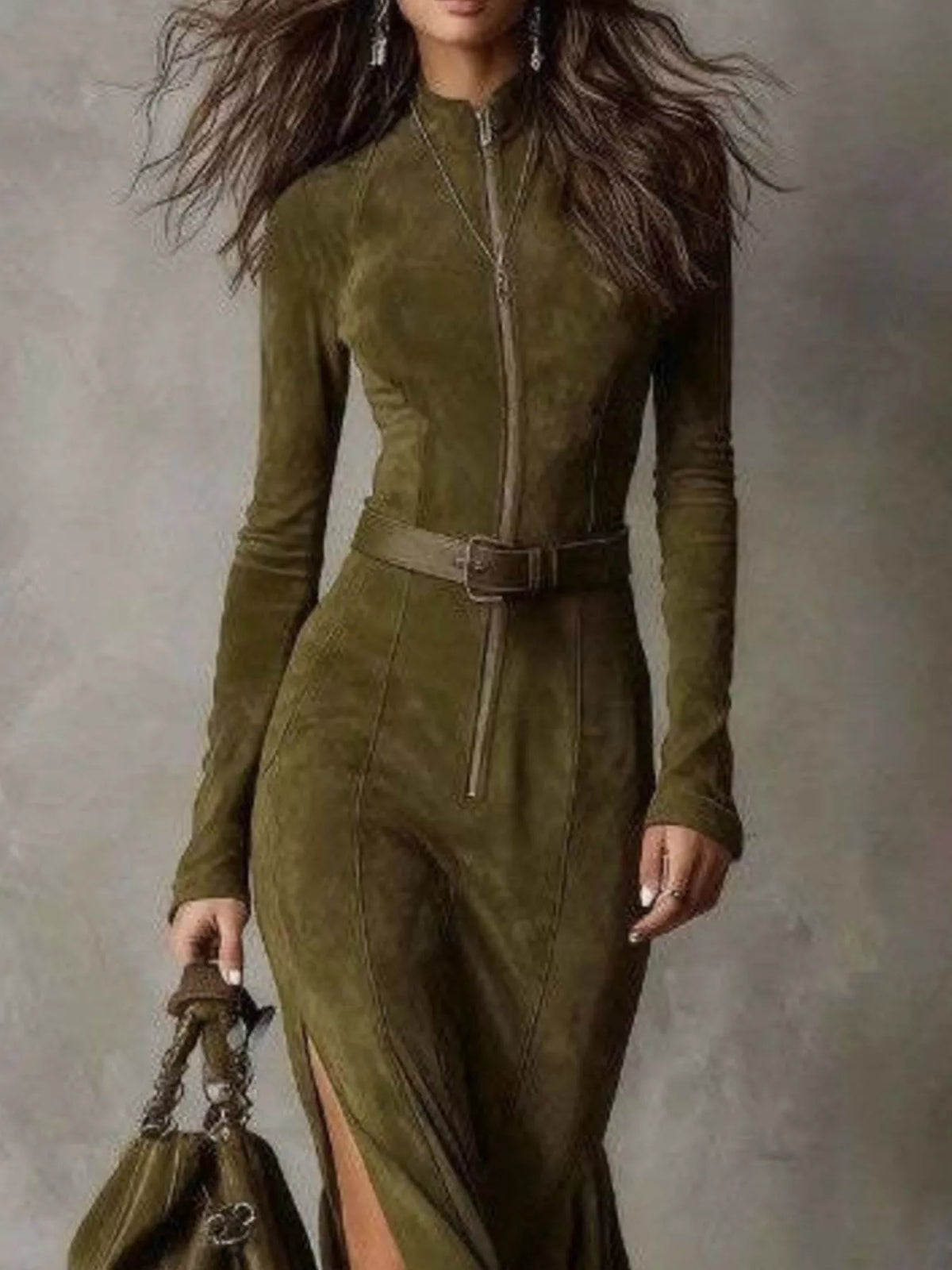 Zip front slit long sleeve maxi dress detail of the neckline