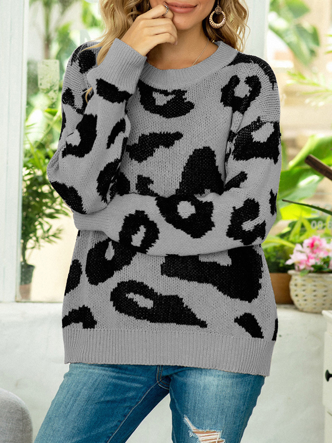 Drop Shoulder Leopard Pullover Sweater - Fashorio