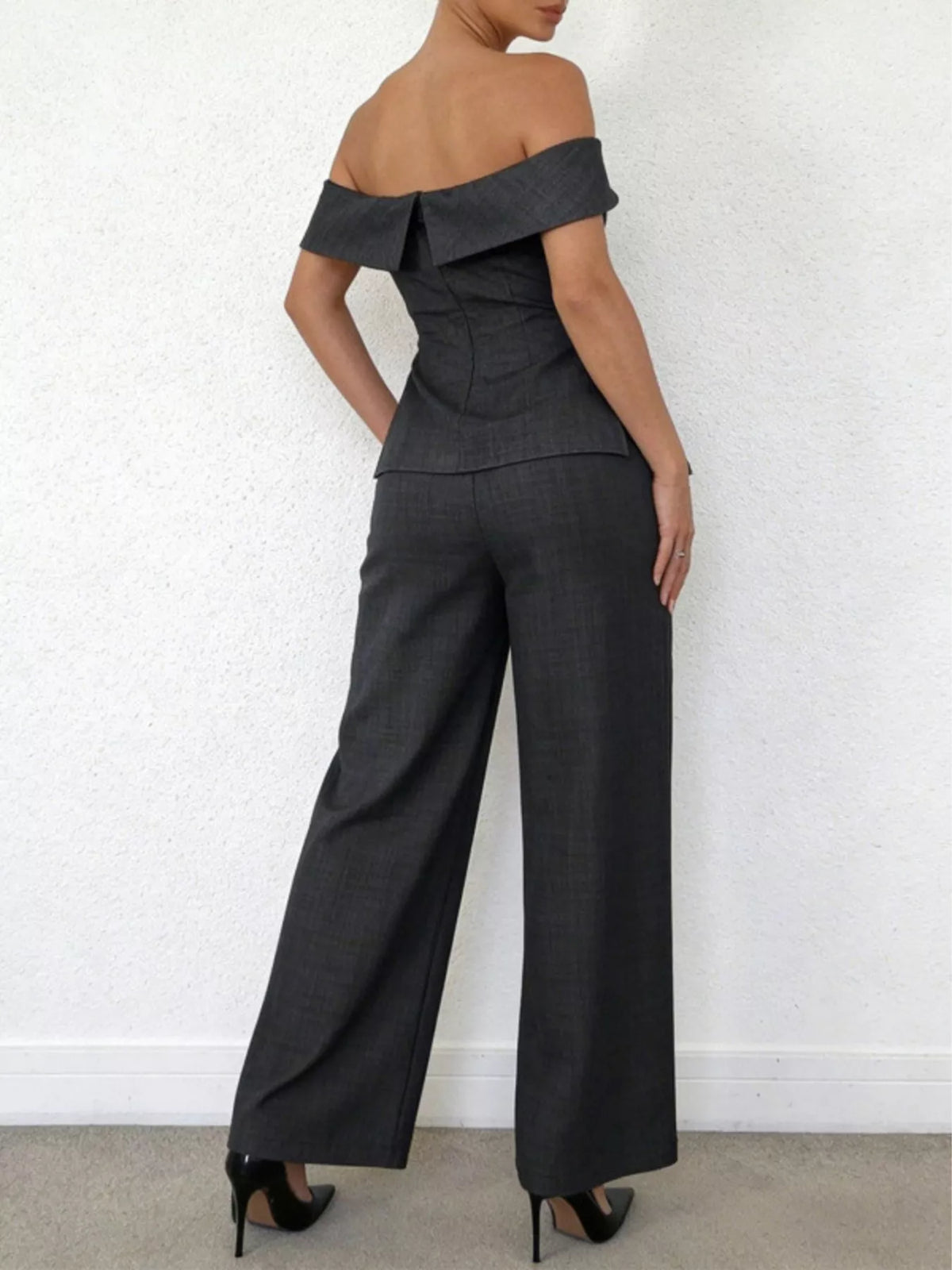 Off shoulder top and wide leg pants back view
