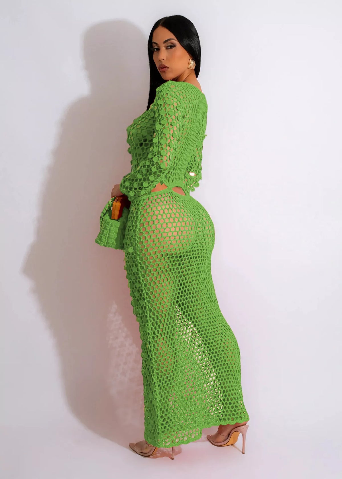 Sequin mesh cutout maxi dress side view