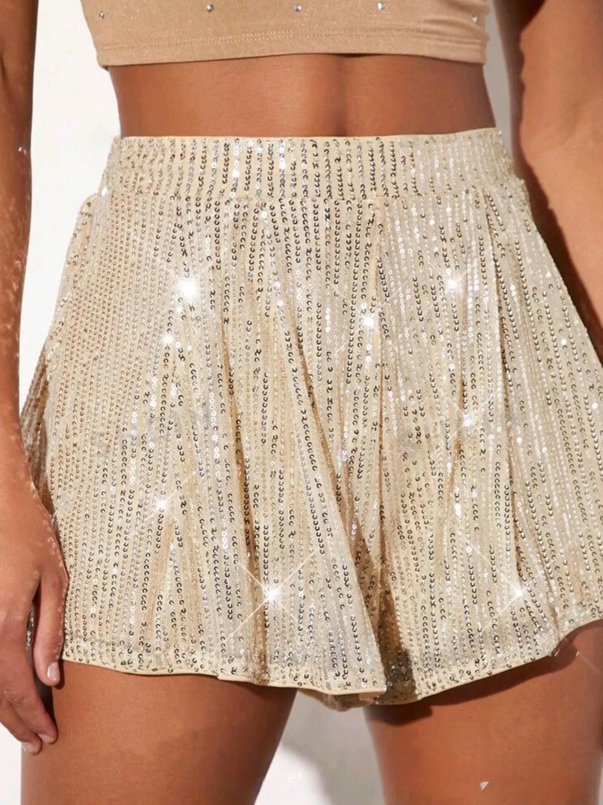 High waisted sequin shorts three quarter view