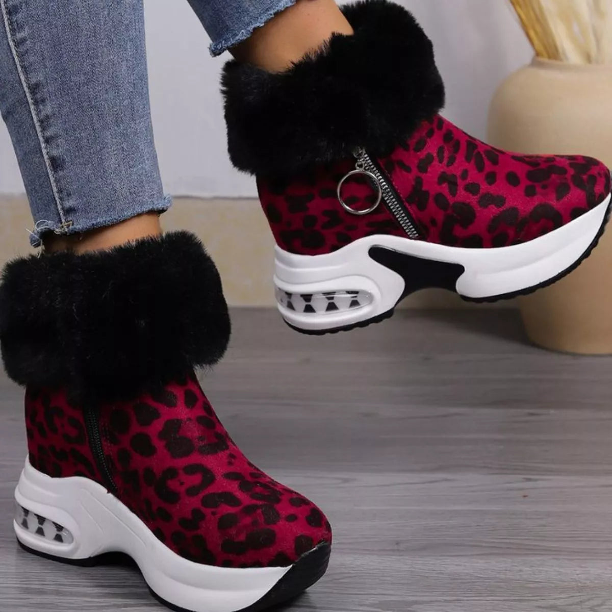 Fuzzy platform ankle boots zip detail