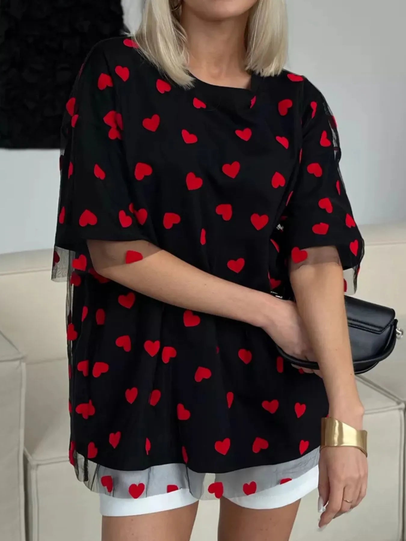 Heart Print Oversized T-Shirt Black - Fashorio