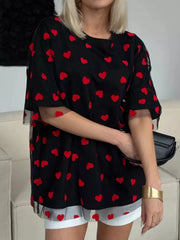 Heart Print Oversized T-Shirt Black - Fashorio