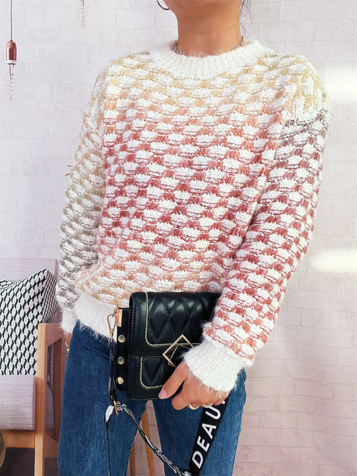 Rainbow gradient round neck sweater front view