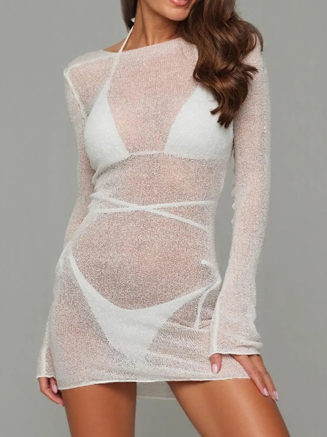 Sheer Backless Long Sleeve Mini Cover-Up Dress White - Fashorio