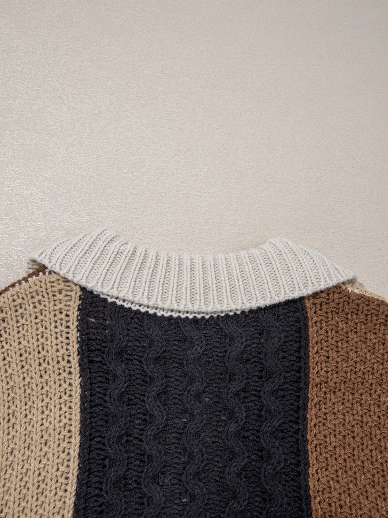 Multicolour Color Block Cable Knit Sleeve Buttons Collared Sweater - Fashorio