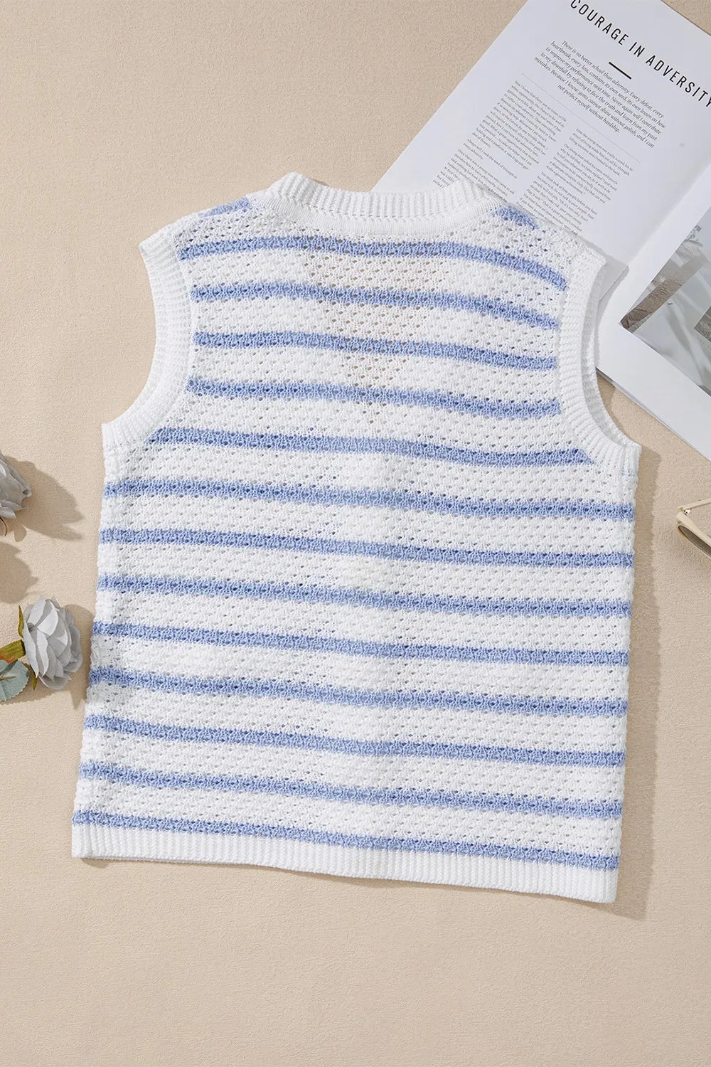 Striped Gold Button V Neck Sweater Vest in Light Blue view 8