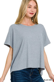 Zenana Ribbed Round-Neck Short-Sleeve Knit Top BLUE GREY - Fashorio