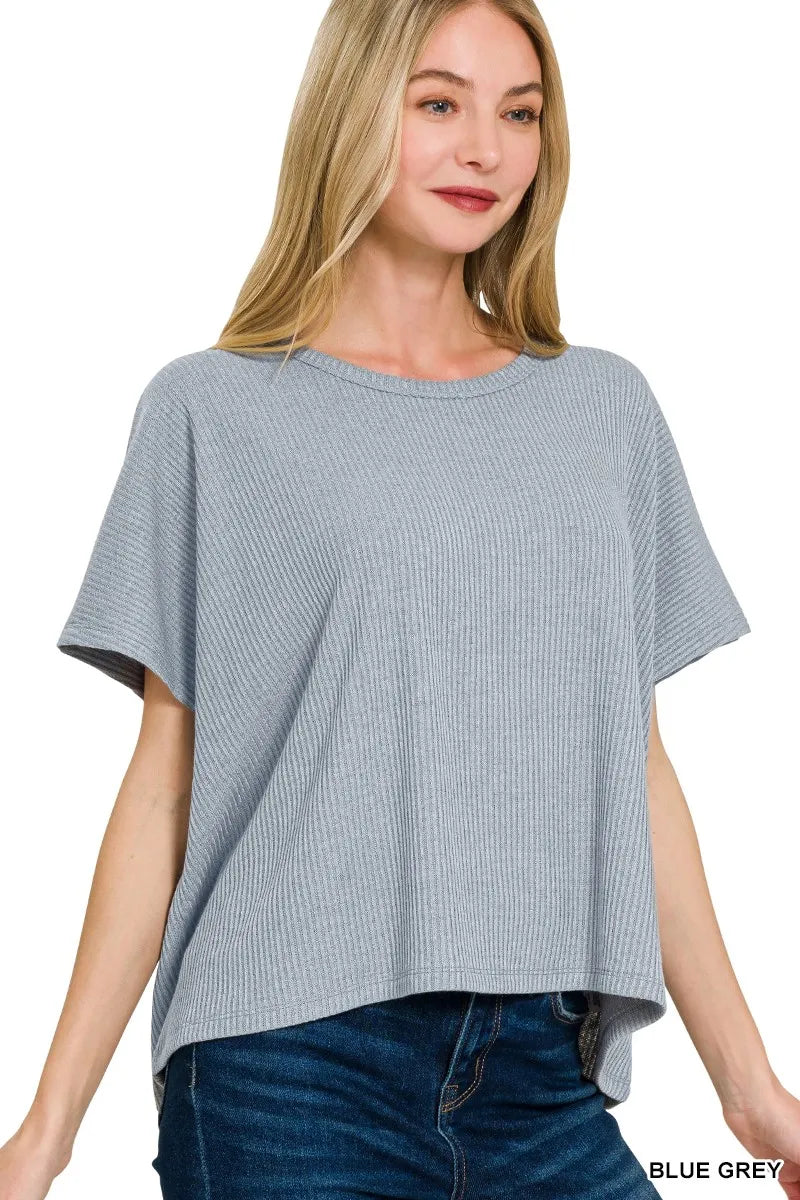 Zenana Ribbed Round-Neck Short-Sleeve Knit Top BLUE GREY - Fashorio