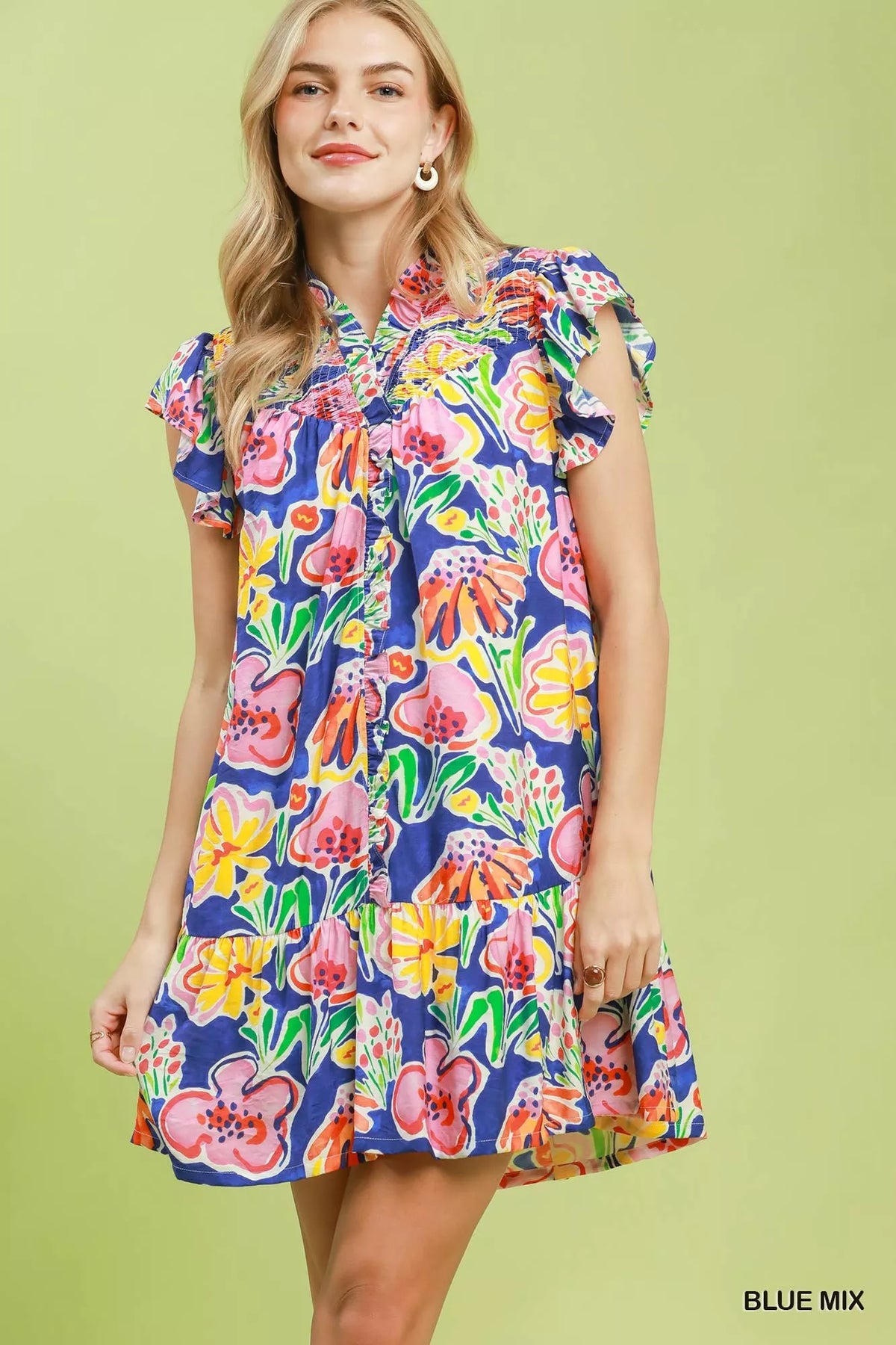 Blue floral ruffle mini dress front view