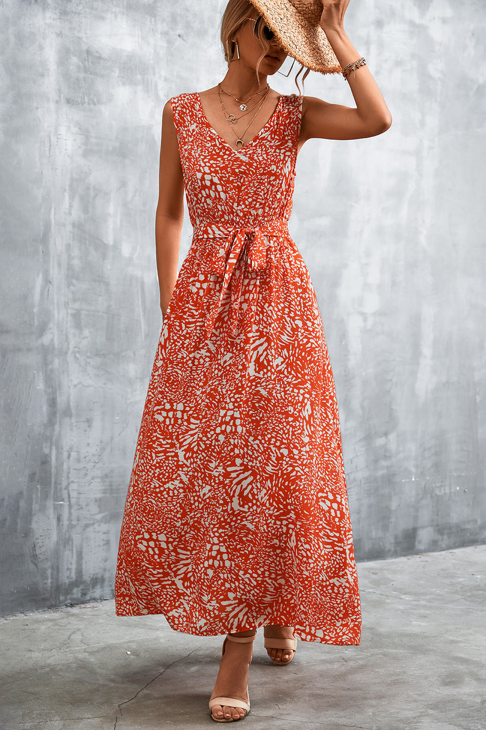 Printed V neck tie waist maxi dress front view