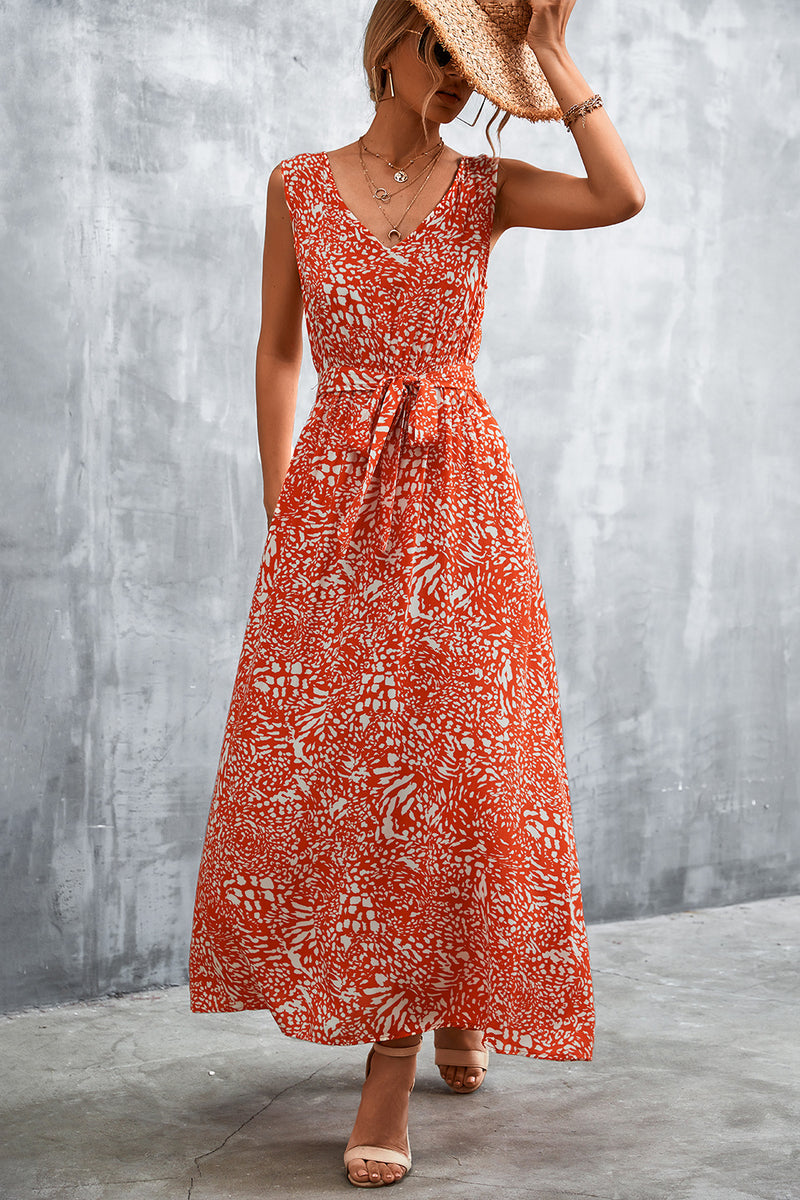 Printed V neck tie waist maxi dress front view