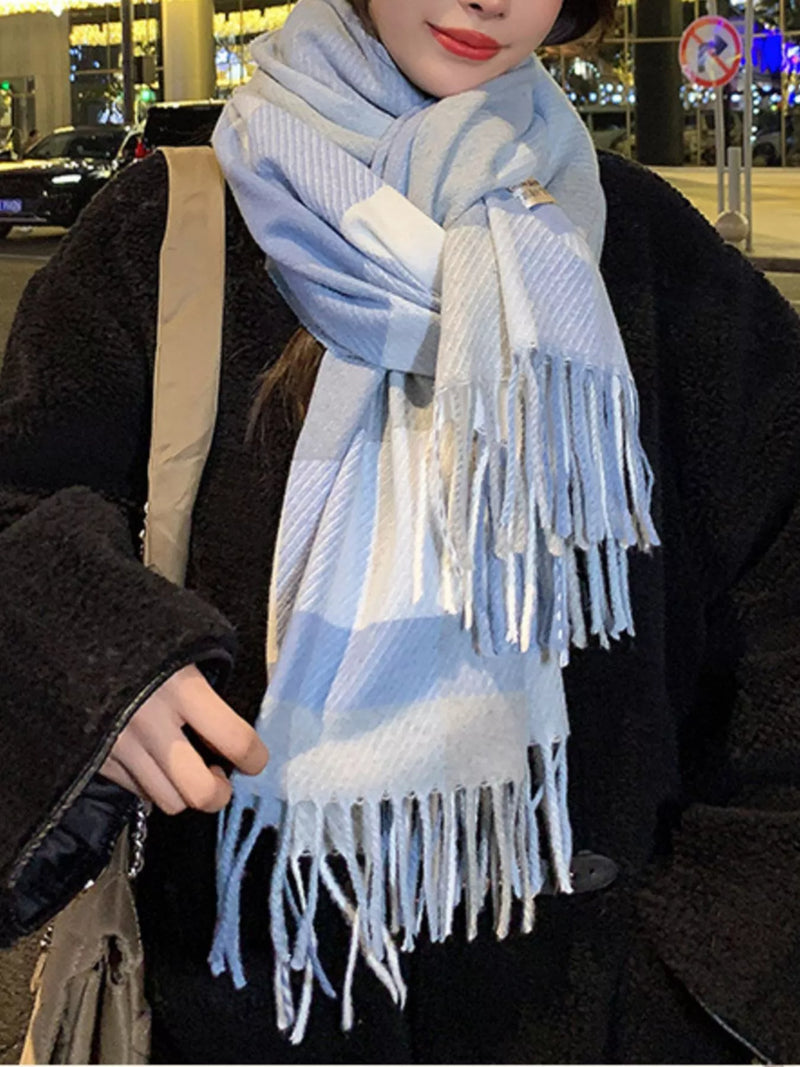 Fringe plaid scarf draped view