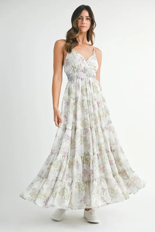 green floral tiered cami maxi dress front view